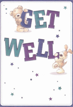 Beneath the gentle glow of this get well card's artwork, a lovable bear and an exuberant puppy exchange well wishes, their friendly energy reminiscent of joyful gatherings in Tomorrow's People's parks or quiet corners. The bear rests contentedly atop the bold, oversized 'GET', while the puppy eagerly paws at 'WELL', both rendered in soft, rounded strokes that invite the touch and inspire an immediate sense of comfort. Deep teals and purples accent the lettering, casting a sense of calm and vitality that feels as fresh as a newly arranged bouquet from a neighbourhood florist. Sprinkled throughout are whimsical starbursts, hinting at the quiet magic of hope that hovers over someone on the mend. The clean white background evokes the clarity and freshness found in a newly opened card or fragrant bundle of spring blooms delivered on a brisk morning. Each detail, from the expressive faces to the lively fonts, echoes the nurturing care we bring to each arrangement made in Tomorrow's People-always aimed at brightening difficult days. The scene is one of warmth, optimism, and playful reassurance, making it a heartfelt choice to encourage recovery, much like a hand-crafted bouquet sent across our community with genuine compassion.