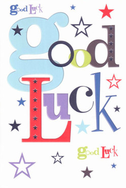 Radiating optimistic charm inspired by the close-knit spirit of Tomorrow's People, this good luck card is a masterpiece of thoughtful design and color. Central to the composition, an oversized 'g' in baby blue offers playful boldness, while the rest of the wording weaves together dramatic reds, moss greens, and luxuriant purples-balancing jubilation and sincerity. Across the white field, a scattering of stars in shades ranging from the inky depths of night to delicate violet glimmers conjure the magic of local celebrations under open skies. The variety in fonts and hues evokes the community's vibrancy, each element chosen with care much like bouquets arranged in our local flower shop. To the touch, the card's velvety surface is cool and crisp, suggesting the quality you'd expect when handing someone a meaningful token of encouragement. Ideal for commemorating achievements or new beginnings in Tomorrow's People, its design promises a feeling of being recognized and cheered on, just as neighbors do every day in this lively area.