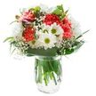 This bouquet, crafted near the heart of Tomorrow's People, exudes both joyful freshness and timeless grace in a clear glass vase. At its center, a flourish of ruffled coral carnations radiates warmth and cheerfulness, their textured petals full of gentle movement. Surrounding them are white daisies and chrysanthemums, their golden-green centers brightening the harmony of whites and pinks, reminiscent of local springtime along leafy Tomorrow's People streets. Delicate clouds of baby's breath wind between the larger blooms, the tiny white florets softening the overall silhouette and lending a dreamy, uplifting quality. Peeking from the left, several magenta-purple alstroemeria buds add an almost secretive promise of new color still to unfold. A lush collar of broad, glossy green leaves hugs the base, with slender greenery rising through the arrangement, imparting lively depth and a sense of natural abundance. The water-filled clear vase reveals every stem, reinforcing the bouquet's freshness and the skilled artistry of local florists. Illuminated by bright, even light, each petal and leaf is showcased in vivid clarity, with no shadow to distract from the intense colors and intricate textures. A composition such as this is ideal for commemorating birthdays, sending kind thanks, or offering heartfelt comfort-its playful spirit and refined elegance instantly welcoming positivity into any Tomorrow's People home or office.